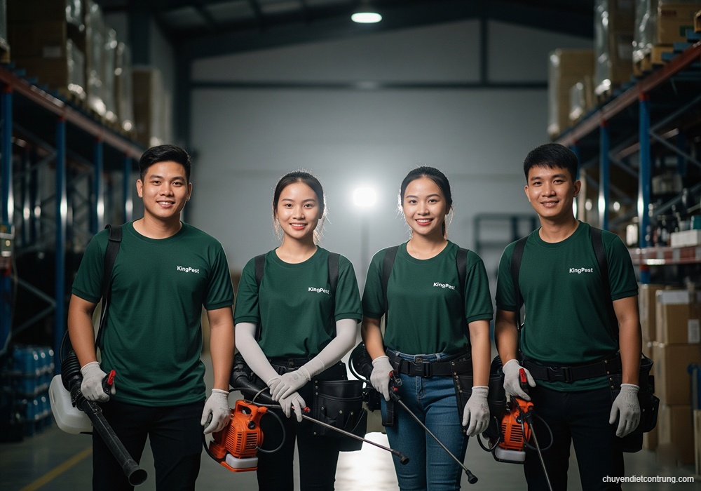 Nhân viên kỹ thuật King Pest kiểm tra và tiến hành xử lý côn trùng gây hại.